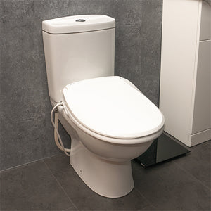 Lifestyle shot of Aidapt | E Loo | Soft Closing Toilet Seat with Bidet Cleaning | Warm Air Dryer, Night Light, Heated Comfort, and Anti-Bacterial UV Protection for Ultimate Hygiene oval in bathroom seat down