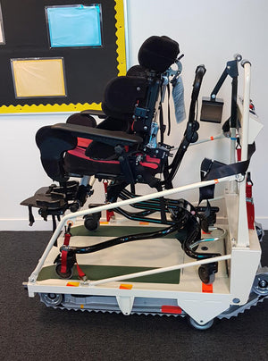 Evaccess Sunwa SUPER TRAC TRE-52 Powered Stair Climber with a wheelchair on it