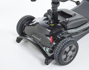 Black Motion Healthcare Airscape lightweight electric Mobility Scooter with lithium battery close up rear view and tires