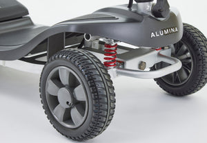 Motion Healthcare Alumina PRO, 4 Wheel, Lightweight, Electric Mobility Scooter with Lithium Battery, charcoal close up of front