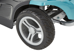 Motion Healthcare Airium 4 Wheel Lightweight Electric Mobility Scooter Lithium Battery close up of wheel