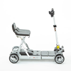 Motion Healthcare mLite, 4 Wheel, Lightweight, Folding Electric Mobility Scooter, grey Lithium Battery grey side on view