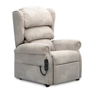 Repose Remini Rise and Recline Armchair oblique view. Duel Motor or Tilt in Space Riser Recliner Chair for Elderly, Bariatric and Disabled