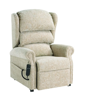 Repose Remini Rise and Recline Armchair floral oatmeal colour. Duel Motor or Tilt in Space Riser Recliner Chair for Elderly, Bariatric and Disabled