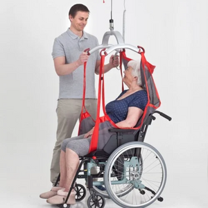 Etac | Molift RgoSling Comfort Highback Mesh Polyester Full Body Support Sling for Users with Muscular or Skeletal Pain Breathable and Quick-Drying Material man helping patient
