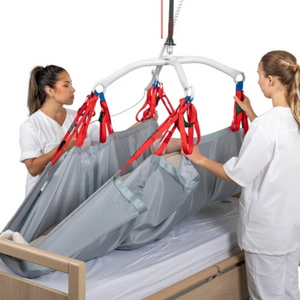 Etac | Enhance Caregiving with Molift Repositioning Sheet Reduce Injury Risks and Elevate Quality of Care in Repetitive Transfers and Repositioning Tasks women helping patient