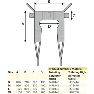 Invacare | Dress Toileting Sling Supportive Sling for Toilet Transfers & More  diagram with size chart