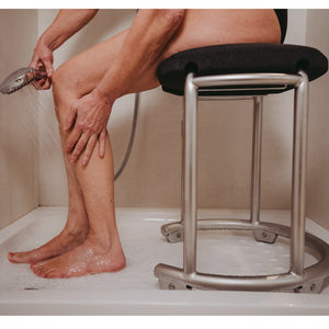 Saljol | Spa Anthracite Shower Stool Shower Safely and Stylishly | Independence and Comfort in Your Bathroom Experience washing legs on stool