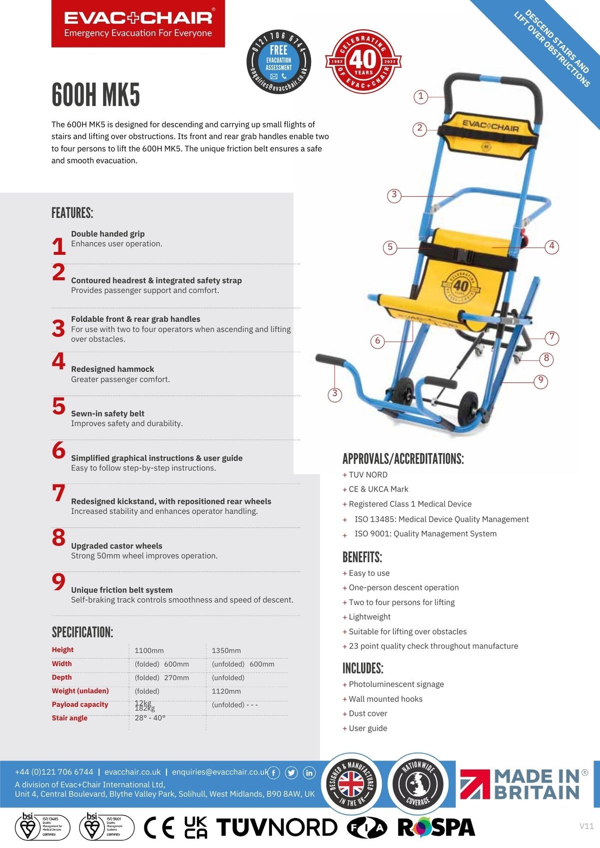 Evac+Chair 600H Lift &amp; Descent Evacuation Chair data sheet