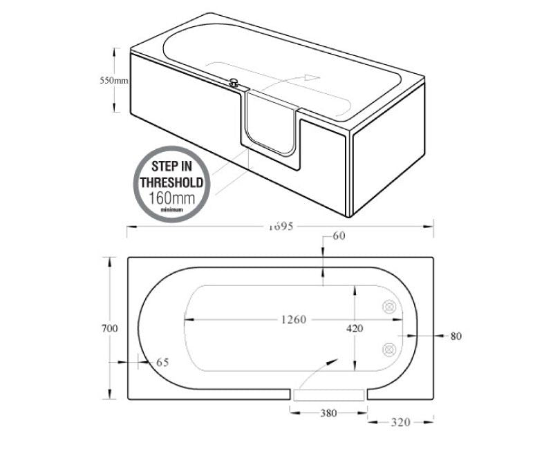 AKW Oulton Standard Walk In Bath Size