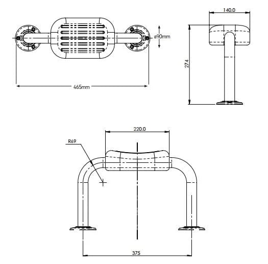 AKW PU Padded Back Rest Rail Technical Drawing