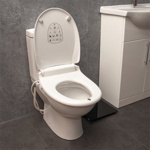 Lifestyle shot of Aidapt | E Loo | Soft Closing Toilet Seat with Bidet Cleaning | Warm Air Dryer, Night Light, Heated Comfort, and Anti-Bacterial UV Protection for Ultimate Hygiene in bathroom seat up