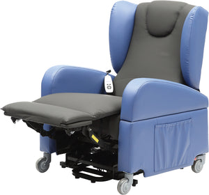 Blue and black Aidapt Brookfield Dual Motor Rise and Recline Chair raised foot rest
