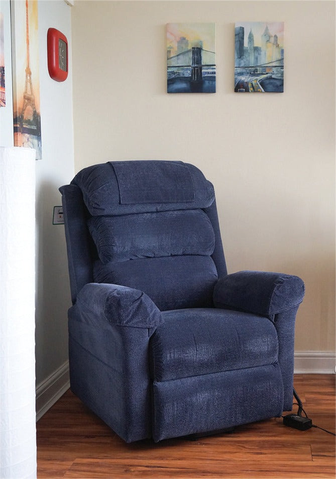 Blue Aidapt Ecclesfield Series Wall Hugging Rise &amp; Recline, Chenille Material Recliner Chair for Elderly and Disabled in corner of a room
