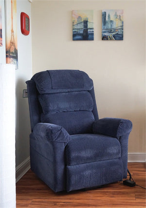 Blue Aidapt Ecclesfield Series Wall Hugging Rise & Recline, Chenille Material Recliner Chair for Elderly and Disabled in corner of a room