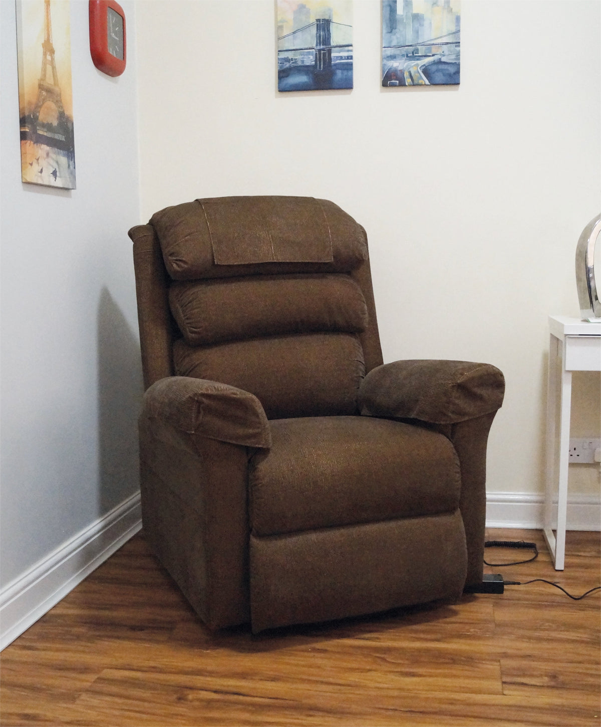 Brown Aidapt Ecclesfield Series Wall Hugging Rise &amp; Recline, Chenille Material Recliner Chair for Elderly and Disabled in corner of a room
