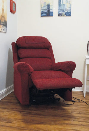 Red Aidapt Ecclesfield Series Wall Hugging Rise & Recline, Chenille Material Recliner Chair for Elderly and Disabled in corner of a room
