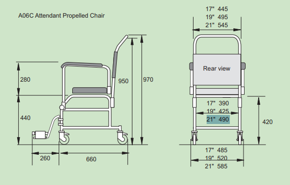 Aquamaster Attendant Propelled Commode Wheelchair dimensions