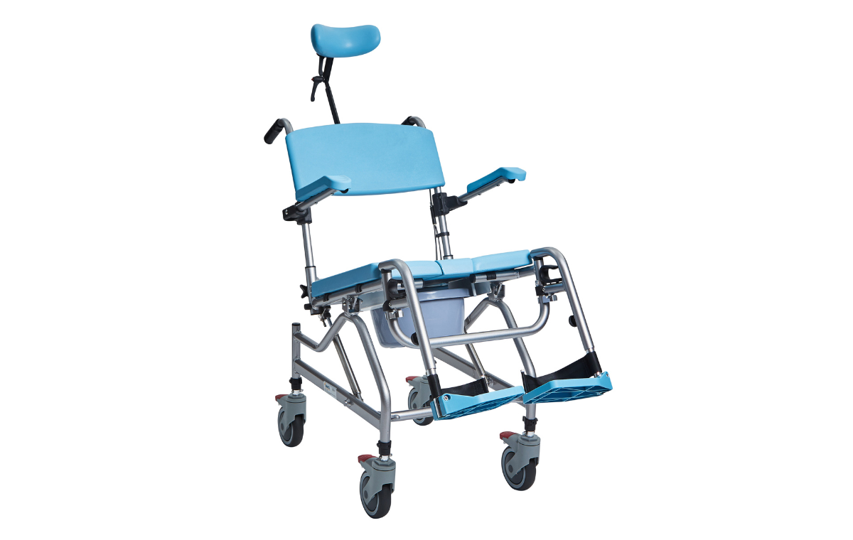 Alerta Aqua Community Shower Commode Chair in a tilted position