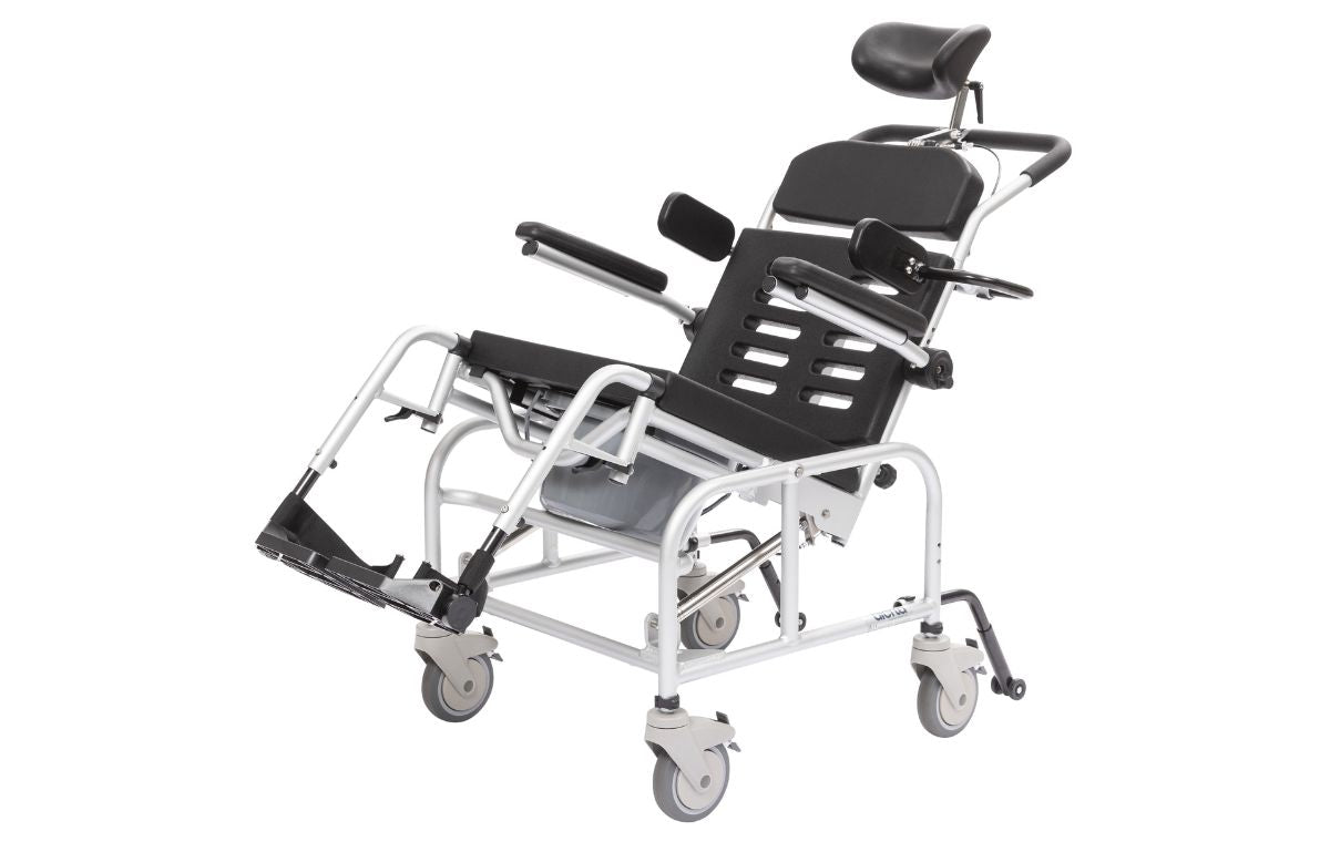 Alerta Aqua Hi-Lo Shower Commode Chair in a tilted position
