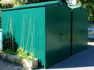 green Asgard Mobility Scooter Storage Shed. Secure Scooter Garage Protection Against Theft and Weather