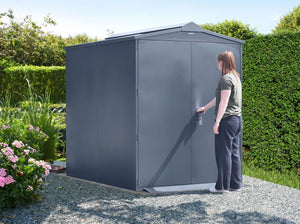 Grey Asgard Mobility Scooter Storage Shed. Secure Scooter Garage Protection Against Theft and Weather