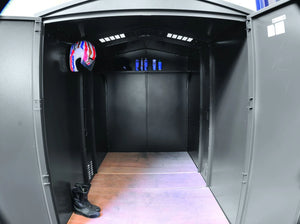 interior view of the Asgard Mobility Scooter Storage Shed. Secure Scooter Garage Protection Against Theft and Weather