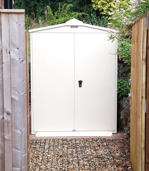 ivory white Asgard Mobility Scooter Storage Shed. Secure Scooter Garage Protection Against Theft and Weather