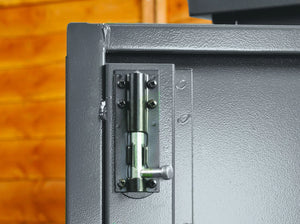 lock bolt on the Asgard Mobility Scooter Storage Shed. Secure Scooter Garage Protection Against Theft and Weather