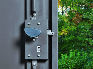 locking mechanism on the Asgard Mobility Scooter Storage Shed. Secure Scooter Garage Protection Against Theft and Weather