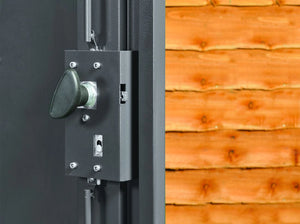 door lock inside view Asgard Mobility Scooter Storage Shed. Secure Scooter Garage Protection Against Theft and Weather