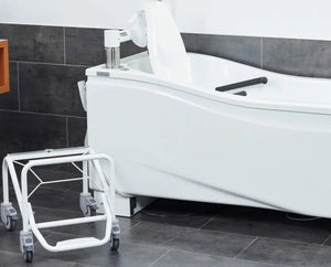 Astor Bannerman Compact DCII Height Adjustable Bath with seat lift hoist seat detached from transfer trolley