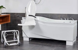 Astor Bannerman Compact Fixed Bath with powered seat lift hoist detached from transfer trolley