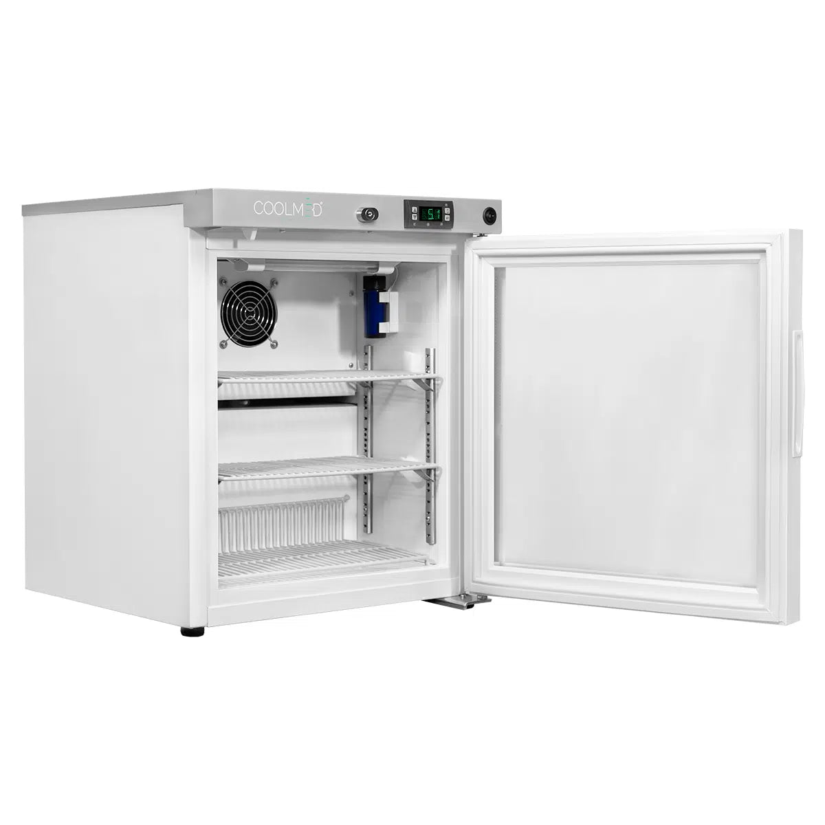 Coolmed 29L RTS Cabinet Medical Fridge glass door opened facing right