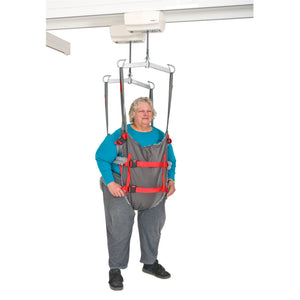 Direct Healthcare Group BariVest Bariatric Gait Trainer use by patient and attached to a ceiling track hoist