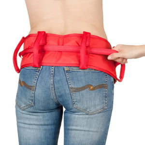 Direct Healthcare Group FlexiBelt HUG Sit-to-Stand and Walking Support Belt back view worn by woman in jeans and with a hand holding onto one of the straps