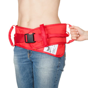 Direct Healthcare Group FlexiBelt HUG Sit-to-Stand and Walking Support Belt worn by a woman in jeans with a hand on the strap