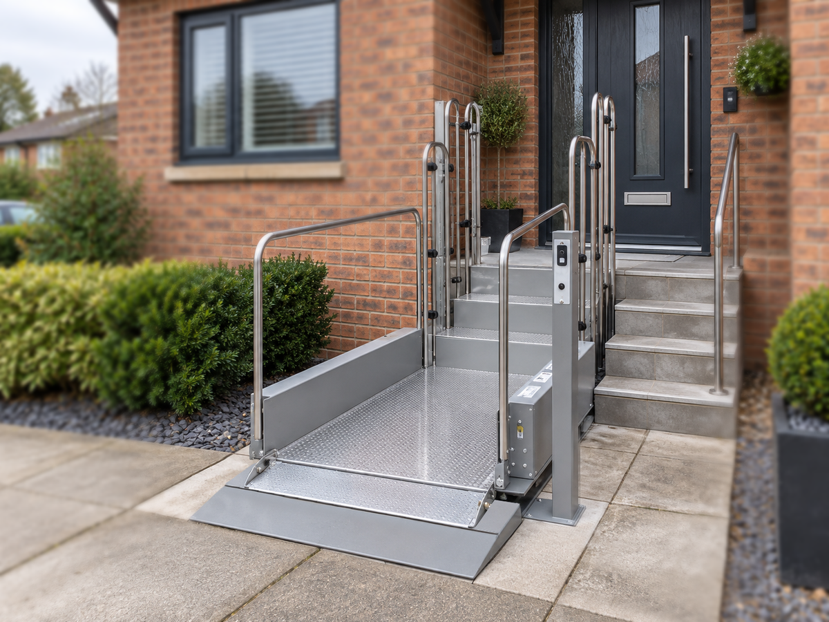 elevate platform lift echo 100 multiple step platform lift fully low front view 
