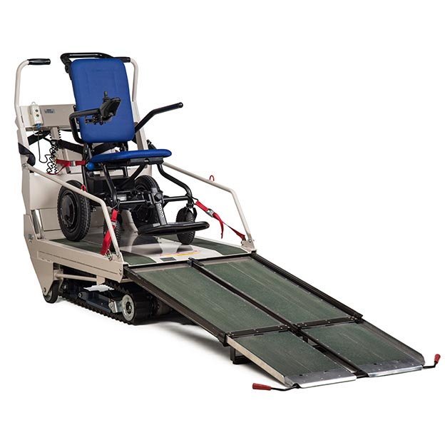 Evaccess Sunwa SUPER TRAC TRE-70 Powered Stair Climber with a wheelchair and a ramp