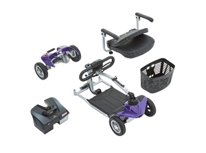 Motion Healthcare, Electric Evolite Mobility Scooter, lithium battery, purple, disassembled 