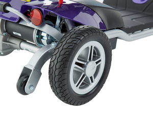 Motion Healthcare, Electric Evolite Mobility Scooter, lithium battery, purple rear wheel close up
