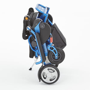Motion Healthcare Foldalite Powerchair Lightweight, Electric Folding Wheelchair Lithium Battery blue folded