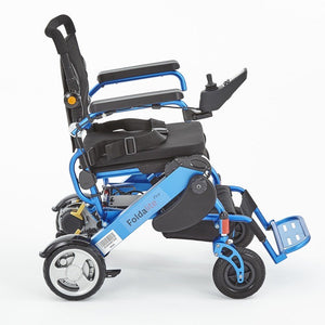 Motion Healthcare Foldalite Powerchair Lightweight, Electric Folding Wheelchair Lithium Battery blue side view