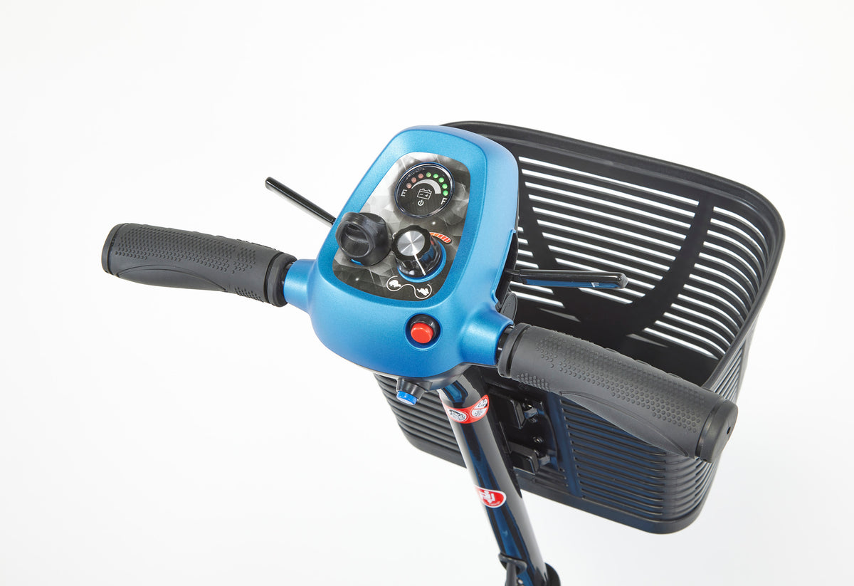 Blue Motion Healthcare Lithilite Pro, lightweight lithium battery Mobility Scooter side view swivel chair control panel