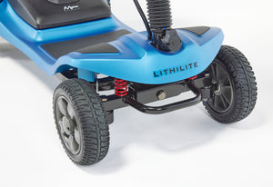 Blue Motion Healthcare Lithilite Pro, lightweight lithium battery Mobility Scooter side view swivel chair front close up