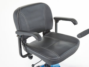 Blue Motion Healthcare Lithilite Pro, lightweight lithium battery Mobility Scooter side view swivel chair seat close up