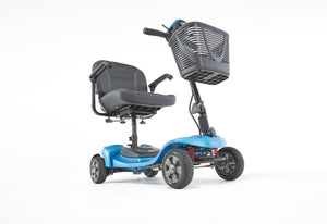Blue Motion Healthcare Lithilite Pro, lightweight lithium battery Mobility Scooter side view swivel chair oblique view