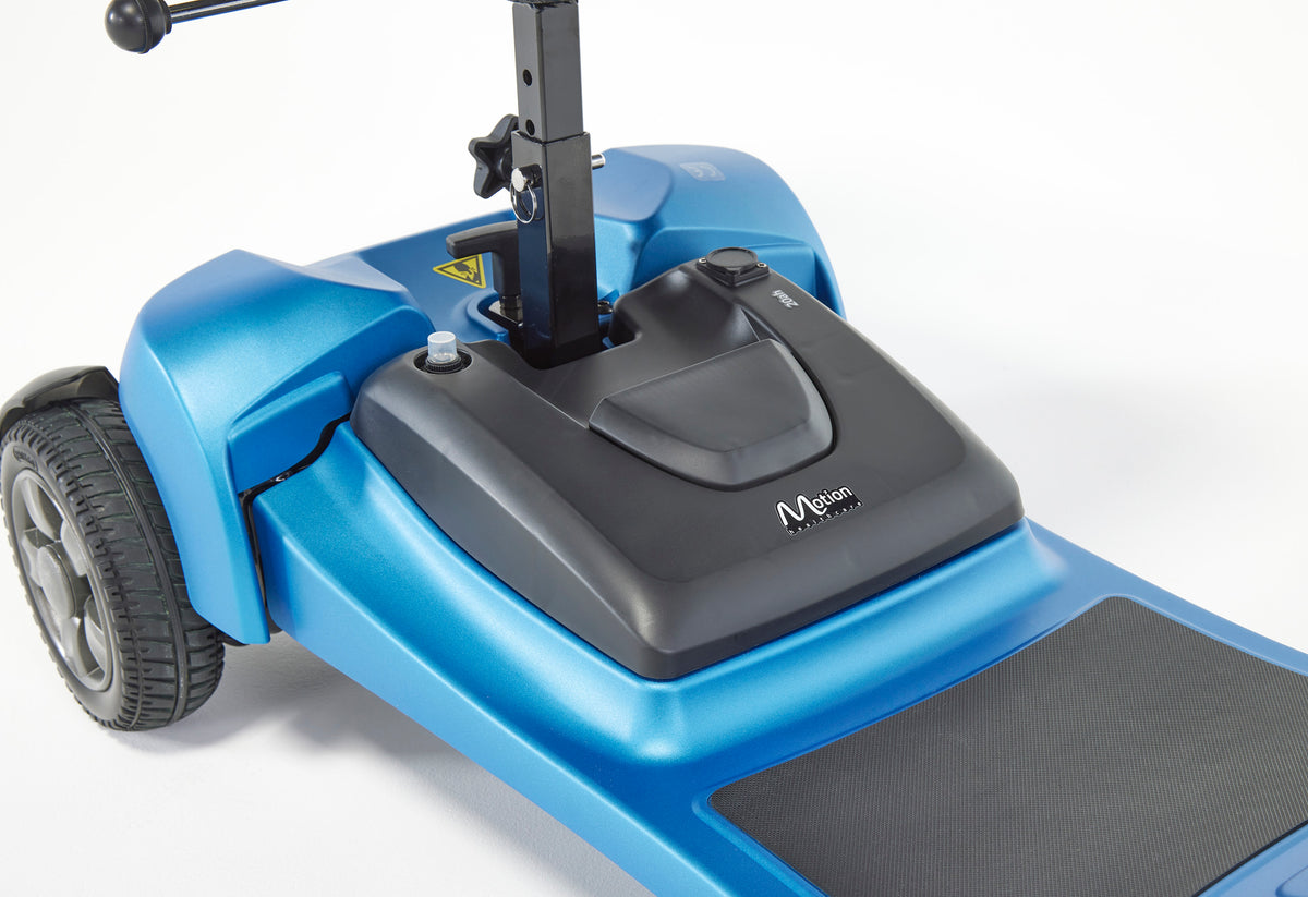 Blue Motion Healthcare Lithilite Pro, lightweight lithium battery Mobility Scooter side view swivel chair battery close up