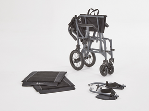 Folded and dismantled Motion Healthcare Magnelite transit and self propelled, Lightweight, Folding Wheelchair, Transit