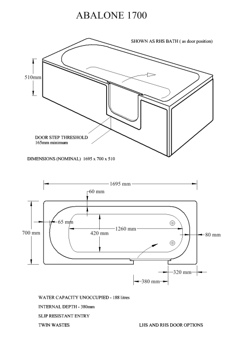 Mantaleda Abalone 1700 Walk-In Bath specifications